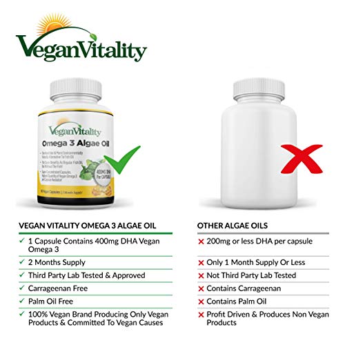 Omega 3 Vegano Aceite de algas de Vegan Vitality: 400mg de DHA por cápsula. 60 cápsulas, 2 meses de suministro. Vitaminas vegetarianas puras a base de plantas