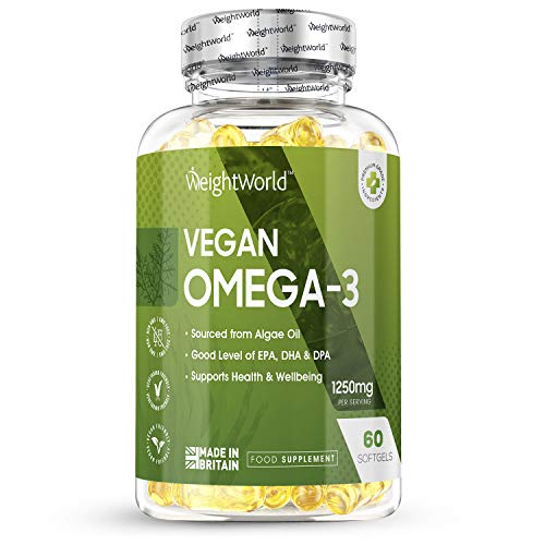 Omega 3 Vegano Aceite de Algas Marinas 1000 mg - 550mg de EPA y DHA, Suplemento Para Salud de Cerebro, Hígado y Corazón, Controla Colesterol, Mejora Presión Arterial, Con Vitamina E 60 Cápsulas