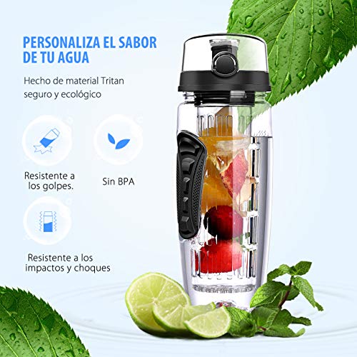 OMORC Botella Agua Deportiva, 1L Botella de Agua con Filtro Infusor de Fruta, sin BPA Reutilizable y Fitness para Niños, Oficina, Gimnasio, Yoga, Bici Incluye un Cepillo de Limpieza