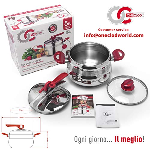 OneClod - Olla a presión Floria, 5 L, acero inoxidable, válvula de seguridad, apta para inducción, receptáculo y tapa de cristal incluido, recomendado por chef, certificado CE - Olla a presión