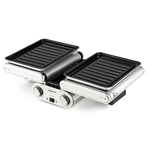 Oneconcept Butterfly Grill multifunción eléctrico Doble (1200W Potencia, 2X Parrilla 240ºC, Temporizador, Bandeja Antiadherente, Plegable) - Plateado