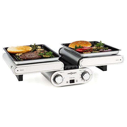 Oneconcept Butterfly Grill multifunción eléctrico Doble (1200W Potencia, 2X Parrilla 240ºC, Temporizador, Bandeja Antiadherente, Plegable) - Plateado