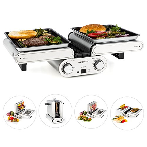 Oneconcept Butterfly Grill multifunción eléctrico Doble (1200W Potencia, 2X Parrilla 240ºC, Temporizador, Bandeja Antiadherente, Plegable) - Plateado