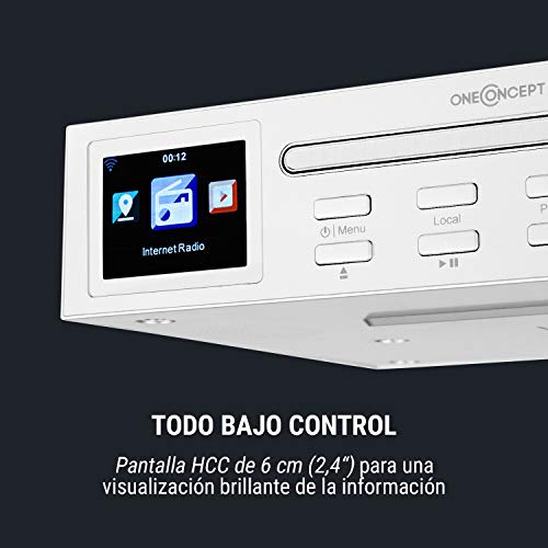 oneConcept Streamo Chef Radio de Cocina - Radio por Internet, Reproductor de CD, Bluetooth, App Control, Temporizador de Apagado, Función de Alarma, Pantalla HCC, Potencia RMS: 2 x 2 W, Blanco