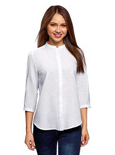 oodji Collection Mujer Camisa de Algodón con Cuello Mao, Blanco, ES 46 / XXL