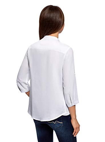 oodji Collection Mujer Camisa de Algodón con Cuello Mao, Blanco, ES 46 / XXL