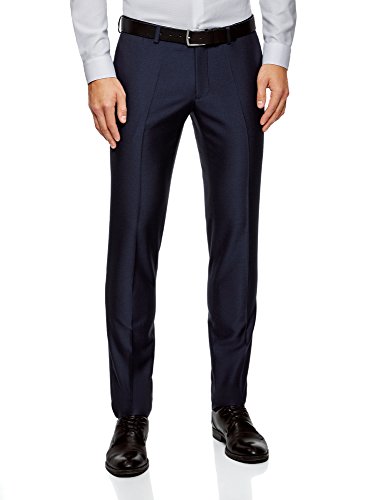 oodji Ultra Hombre Pantalones Slim con Acabado de Raso, Azul, 42