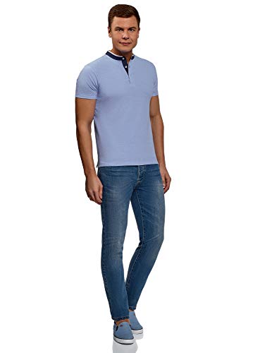 oodji Ultra Hombre Polo de Algodón con Cuello Mao, Azul, ES 56 / XL