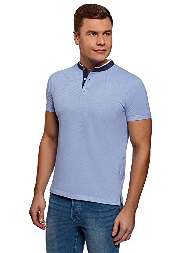 oodji Ultra Hombre Polo de Algodón con Cuello Mao, Azul, ES 56 / XL