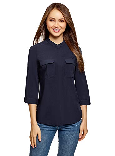 oodji Ultra Mujer Blusa de Viscosa con Bolsillos en el Pecho, Azul, ES 36 / XS