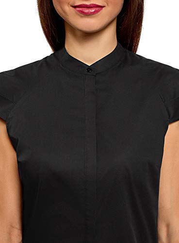 oodji Ultra Mujer Camisa con Cuello Mao de Manga Corta Raglán, Negro, ES 34 / XXS