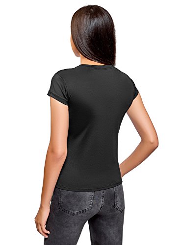 oodji Ultra Mujer Camiseta de Tejido Elástico con Cuello Redondo, Negro, ES 34 / XXS