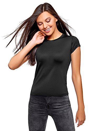 oodji Ultra Mujer Camiseta de Tejido Elástico con Cuello Redondo, Negro, ES 34 / XXS