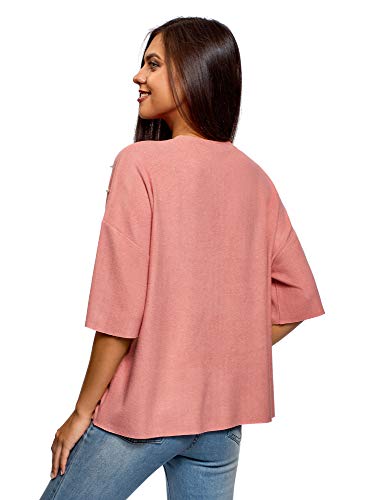 oodji Ultra Mujer Jersey Oversize con Perlas Artificiales y Borde Inferior y Mangas No Elaborados, Rosa, ES 42 / L