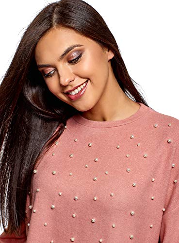 oodji Ultra Mujer Jersey Oversize con Perlas Artificiales y Borde Inferior y Mangas No Elaborados, Rosa, ES 42 / L