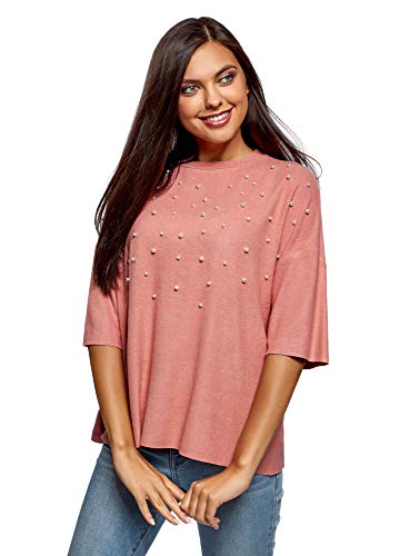 oodji Ultra Mujer Jersey Oversize con Perlas Artificiales y Borde Inferior y Mangas No Elaborados, Rosa, ES 42 / L