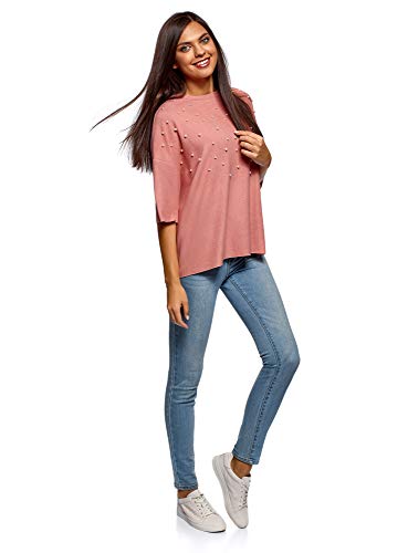 oodji Ultra Mujer Jersey Oversize con Perlas Artificiales y Borde Inferior y Mangas No Elaborados, Rosa, ES 42 / L