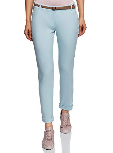 oodji Ultra Mujer Pantalones Chinos con Cinturón, Azul, ES 44 / XL