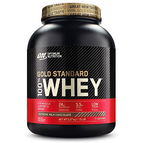 Optimum Nutrition ON Gold Standard 100% Whey Proteína en Polvo Suplementos Deportivos, Glutamina y Aminoacidos, BCAA, Extremo Chocolate, Leche, 71 Porciones, 2.27kg, Embalaje Puede Variar