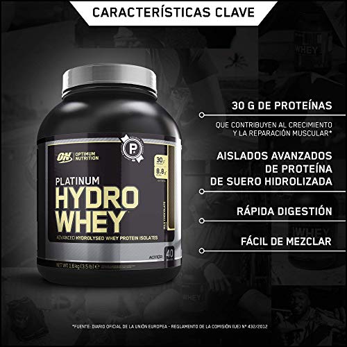 Optimum Nutrition ON Platinum Hydro Whey, Proteínas en Polvo, para Masa Muscular y Musculacion, fuente de BCAA, bajo en Calorías, Chocolate, 40 porciones, 1.6 kg