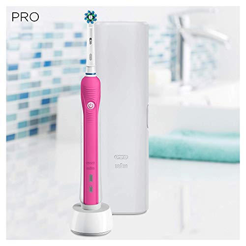 Oral-B Pro 750 CrossAction Cepillo eléctrico recargable, 1 mango rosa, 1 cabezal recambio, funda de viaje de plástico, color blanca