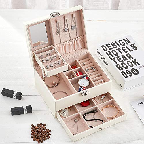 Organizador de caja de almacenamiento de joyería de espacio de cuero con bloqueo de espejo Collar de cuero Pendientes anillo Vitrina con espejo para mujeres Niñas Color carne