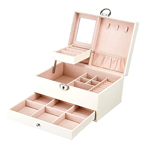 Organizador de caja de almacenamiento de joyería de espacio de cuero con bloqueo de espejo Collar de cuero Pendientes anillo Vitrina con espejo para mujeres Niñas Color carne