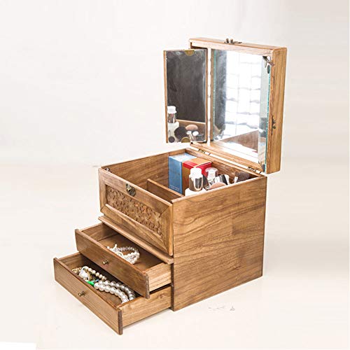 Organizador de joyas Estuche de almacenamiento con Caja casera retra creativa de la colección de la joyería de 3 capas de madera con el espejo Para anillos de viaje, Collares, Pulseras, Pendien