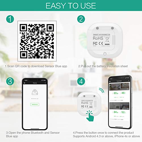ORIA Termómetro Higrómetro Digital Bluetooth, Sensor Inalámbrica de Humedad de Temperatura con Pantalla LCD, Estación Meteorológica con Alerta de Alarma, Soporte Android y iPhone para Hogar, Oficina