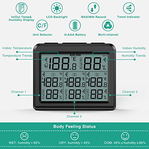 ORIA Termómetro Higrómetro Digital con 3 Sensor Remotos, Medidor Temperatura y Humedad Para Interior Exterior, Digital Termohigrómetro Inalámbrica con Retroiluminación & Nivel de Comodidad - Negro