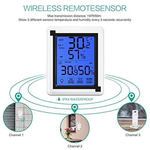 ORIA Termómetro Higrómetro Digital Interior y Exterior, Medidor de Humedad y Temperatura con 3 Sensores Remotos, Estación Meteorológica Inalámbrica, Pantalla LCD Retroiluminada, Registro Mín/Máx