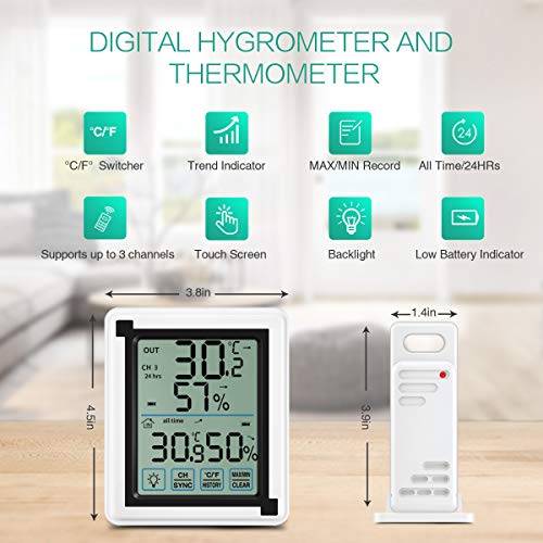 ORIA Termómetro Higrómetro Digital Interior y Exterior, Medidor de Humedad y Temperatura con 3 Sensores Remotos, Estación Meteorológica Inalámbrica, Pantalla LCD Retroiluminada, Registro Mín/Máx