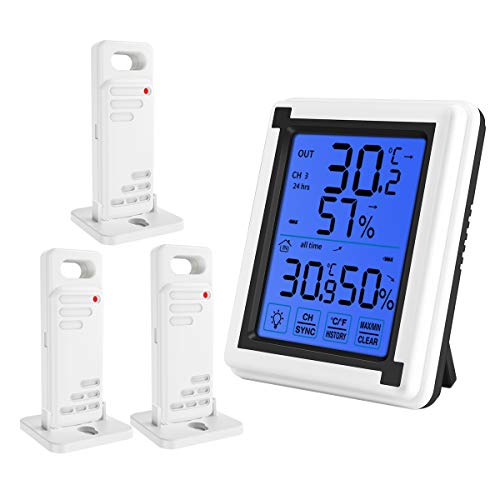 ORIA Termómetro Higrómetro Digital Interior y Exterior, Medidor de Humedad y Temperatura con 3 Sensores Remotos, Estación Meteorológica Inalámbrica, Pantalla LCD Retroiluminada, Registro Mín/Máx