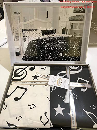 Original Juego de Funda de Edredón, diseño de Notas musicales Negro Blanco, Para Cama Doble, 100% algodón, 6 Piezas (funda de edredón + sábana ajustable + 4 funda almohada)