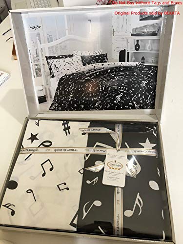 Original Juego de Funda de Edredón, diseño de Notas musicales Negro Blanco, Para Cama Doble, 100% algodón, 6 Piezas (funda de edredón + sábana ajustable + 4 funda almohada)