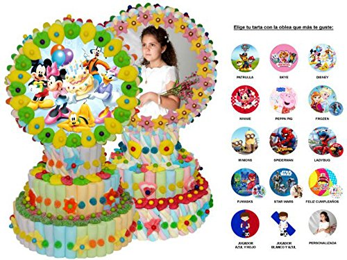 Original Tarta Decorativa de Golosinas Surtidas con Oblea"Dibujos Surtidos" 2 Pisos. Caramelos y Dulces Juguetes y Regalos Baratos para Fiestas de Cumpleaños, Bodas, Bautizos, Comuniones.(Peppa Pig)