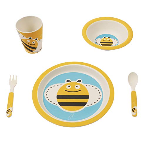 ORNAMI Set Vajilla de bambú para niños, 5 piezas, diseño de Abeja - El Set incluye un plato, cubiertos, un tazón y un vaso - Respetuoso con el medio ambiente, sin BPA y apto para lavavajillas