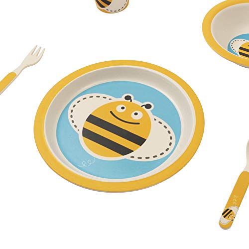 ORNAMI Set Vajilla de bambú para niños, 5 piezas, diseño de Abeja - El Set incluye un plato, cubiertos, un tazón y un vaso - Respetuoso con el medio ambiente, sin BPA y apto para lavavajillas