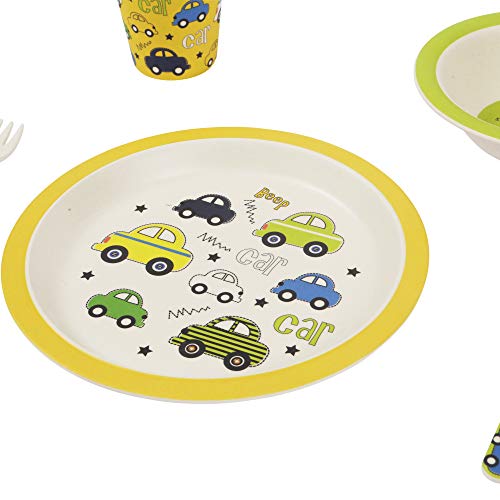 ORNAMI Set Vajilla de bambú para niños, 5 piezas, diseño de Coches - El Set incluye un plato, cubiertos, un tazón y un vaso - Respetuoso con el medio ambiente, sin BPA y apto para lavavajillas