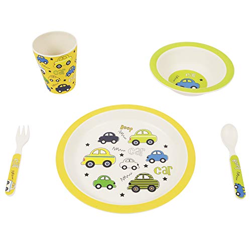 ORNAMI Set Vajilla de bambú para niños, 5 piezas, diseño de Coches - El Set incluye un plato, cubiertos, un tazón y un vaso - Respetuoso con el medio ambiente, sin BPA y apto para lavavajillas