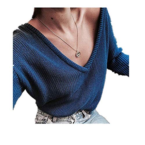 Otoño Invierno Básico De Punto Azul Blanco Suéter De Las Mujeres De La Moda Casual V-Cuello Femenino Jerséis Señ