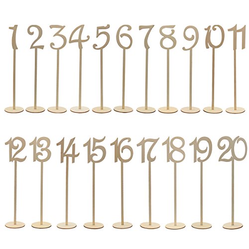 OULII 1-20 números de mesa de madera con Base de soporte para la decoración del partido casa de boda boda aniversario, paquete de 20 (Color madera)