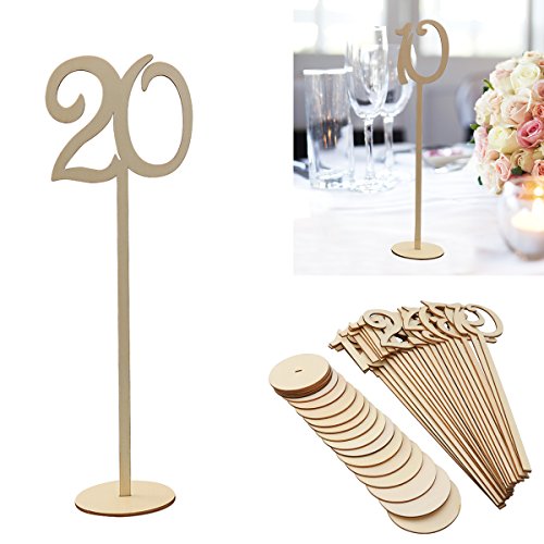 OULII 1-20 números de mesa de madera con Base de soporte para la decoración del partido casa de boda boda aniversario, paquete de 20 (Color madera)