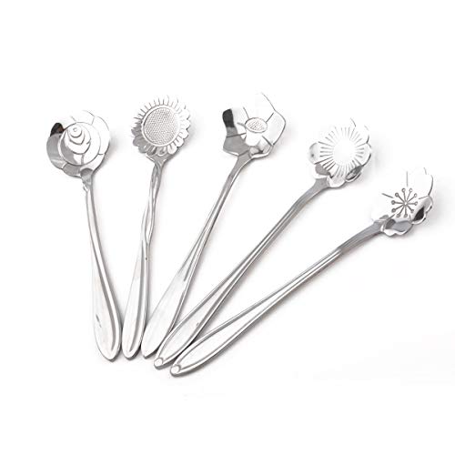 oumosi 5pcs acero inoxidable plata Vajilla Cuchara de café de té de forma de flor de azúcar herramienta de cocina Mejor Precio de cucharillas de helado de acero