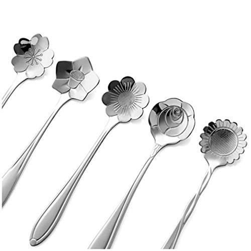 oumosi 5pcs acero inoxidable plata Vajilla Cuchara de café de té de forma de flor de azúcar herramienta de cocina Mejor Precio de cucharillas de helado de acero