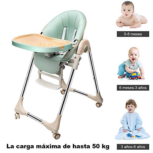 OUNUO Trona para Bebe Evolutiva, Trona para bebés con bandeja extraíble, Ajustable y Plegable con 4 ruedas, crece con el niño 0 meses - 6 años，Segura-Verde