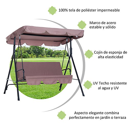 Outsunny Columpio de Jardín de Metal con Parasol Balancín de 3 Asientos con Cojín y Techo Ajustable (Marrón)