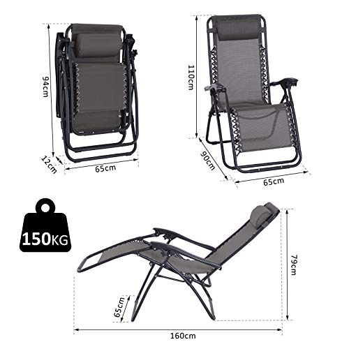 Outsunny Tumbona Plegable Jardín Silla Gravedad Cero Sillón de Playa Relajante Textilene Respaldo Reclinable Marco Acero Carga 150kg