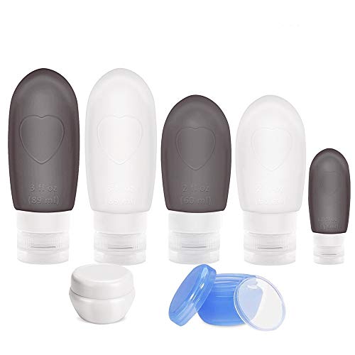 O'woda Set de Botella de Viaje,TSA Aprobado, FDA Certified BPA Free,Rellenable y a Prueba de Fugas Botella de Viaje de Silicona para Crema,Champús,Lociones y Artículos de Tocador(Negro+Blanco)