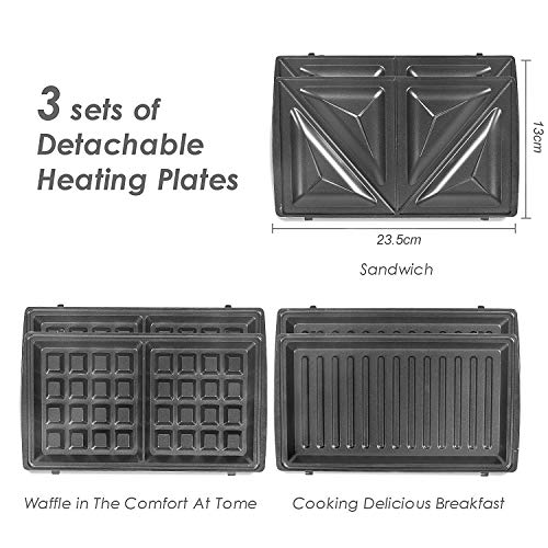 OZAVO Sandwichera 3 en 1, Gofreras eléctricas Parrilla para gofrera bocadillos hamburguesa y Panini Grill - 3 Extraíble placas, 750W